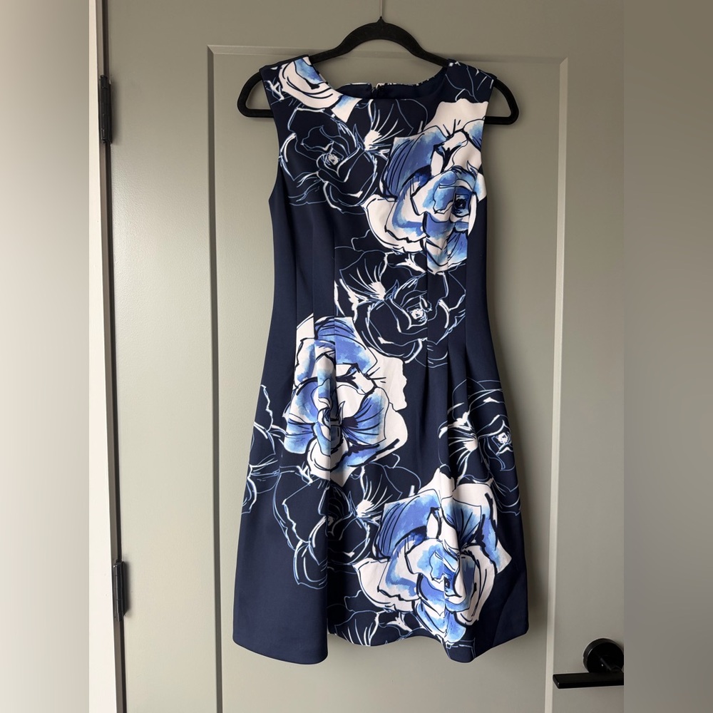 Vince Camuto Navy and Blue Floral Midi Dress